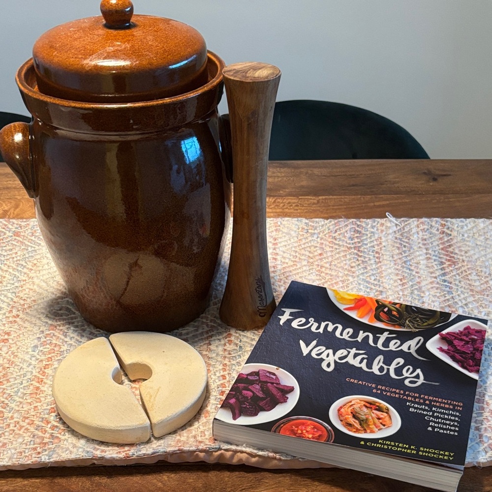 Brown Ceramic Fermentation Crock and recipe book